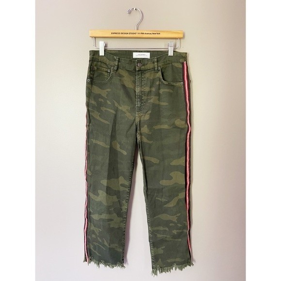 Zara Woman Cropped Straight Jeans Camouflage Raw Frayed Hem Side Striped 4 - Picture 4 of 5